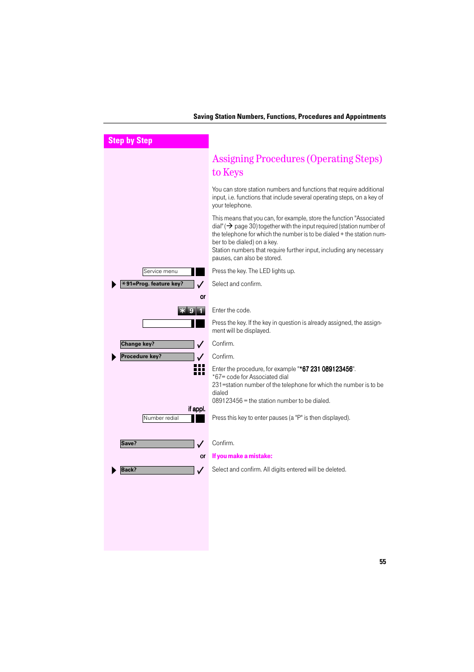 Assigning procedures (operating steps) to keys, If you make a mistake | Deutsche Telekom Octophon F400 User Manual | Page 55 / 106