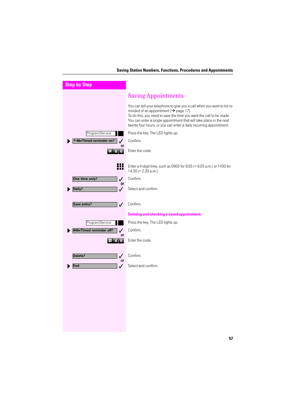 Saving appointments, Deleting and checking a saved appointment, Minder | Deutsche Telekom Octophon F400 User Manual | Page 57 / 106