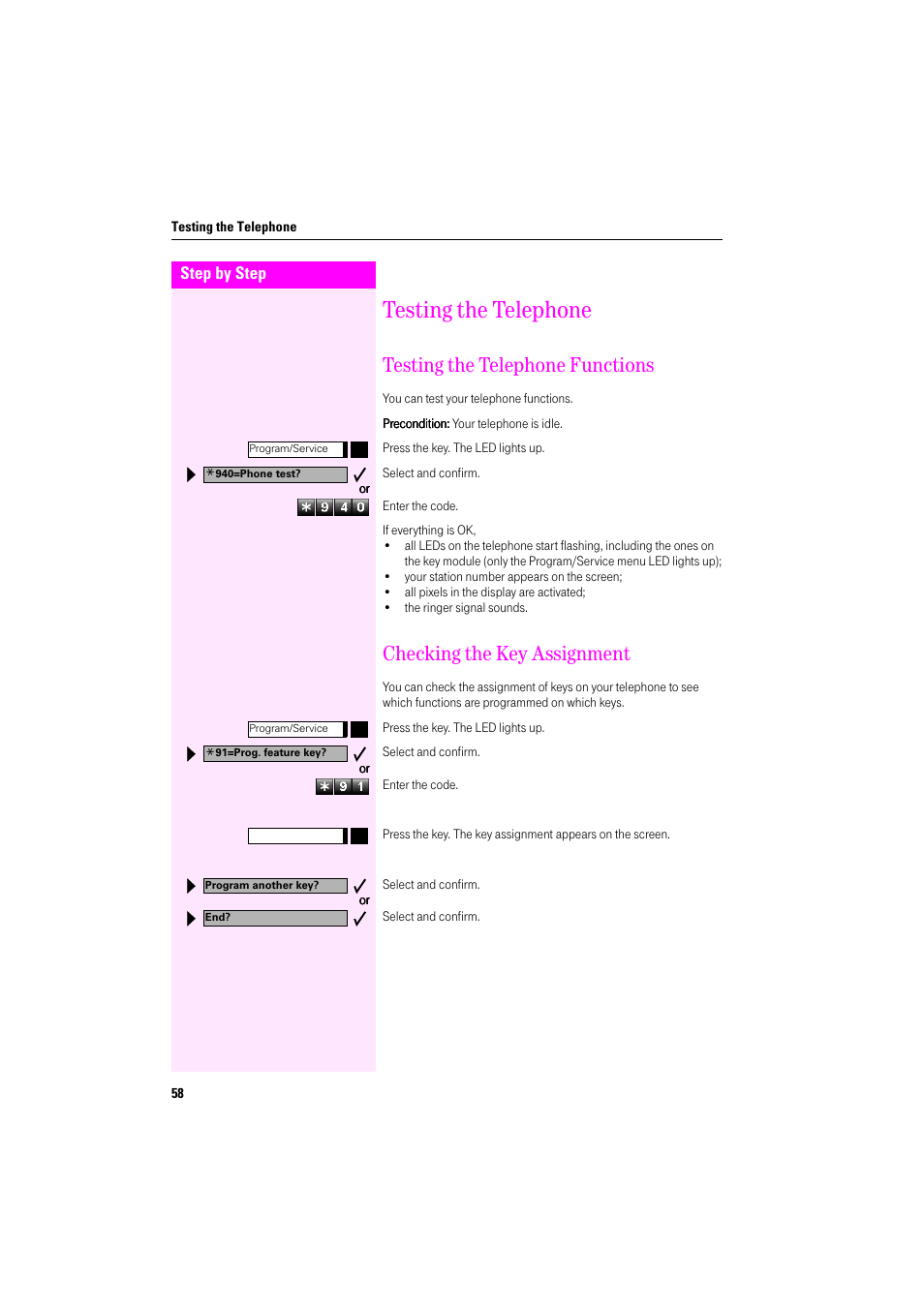 Testing the telephone, Testing the telephone functions, Checking the key assignment | Deutsche Telekom Octophon F400 User Manual | Page 58 / 106