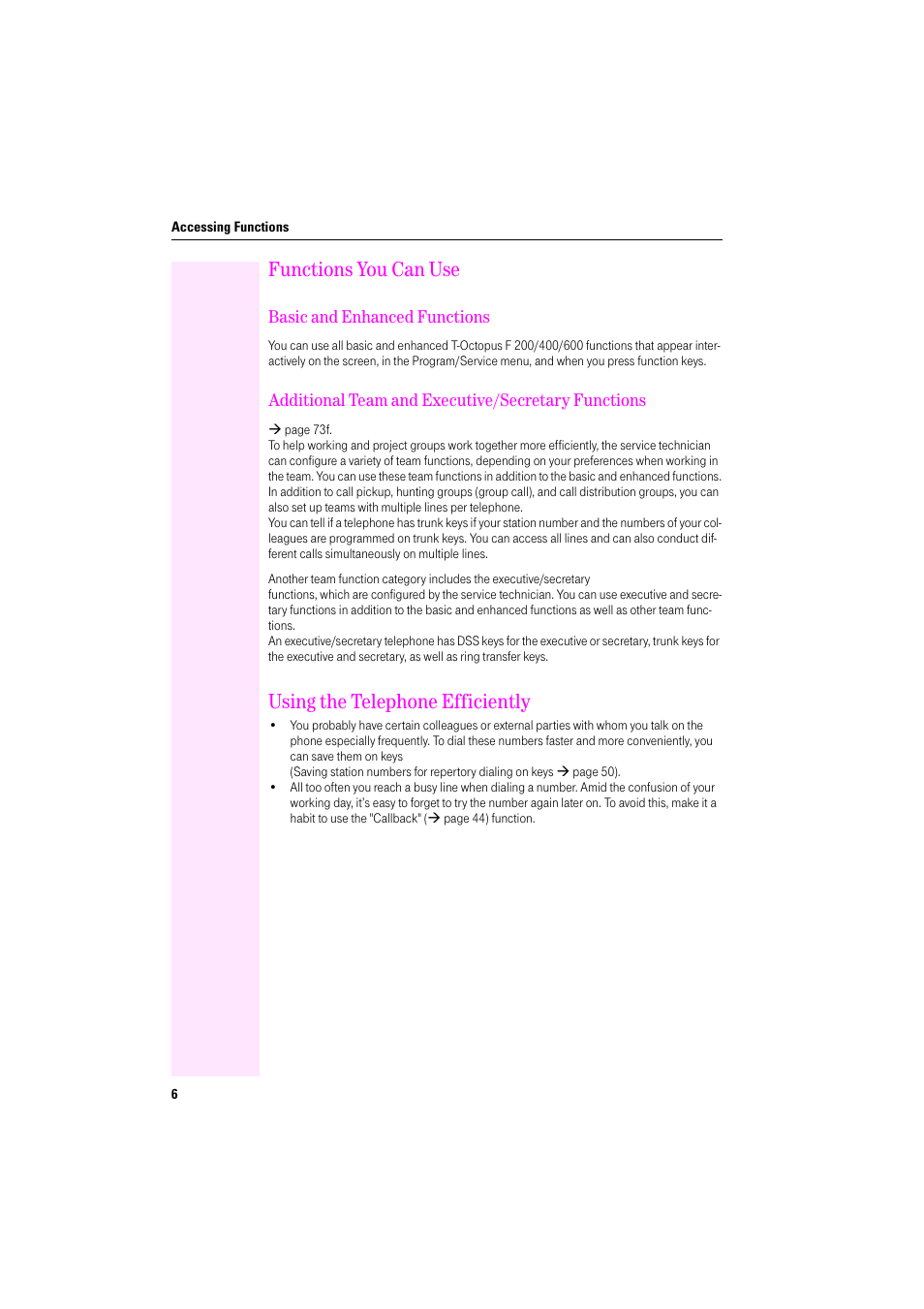 Functions you can use, Basic and enhanced functions, Additional team and executive/secretary functions | Using the telephone efficiently | Deutsche Telekom Octophon F400 User Manual | Page 6 / 106