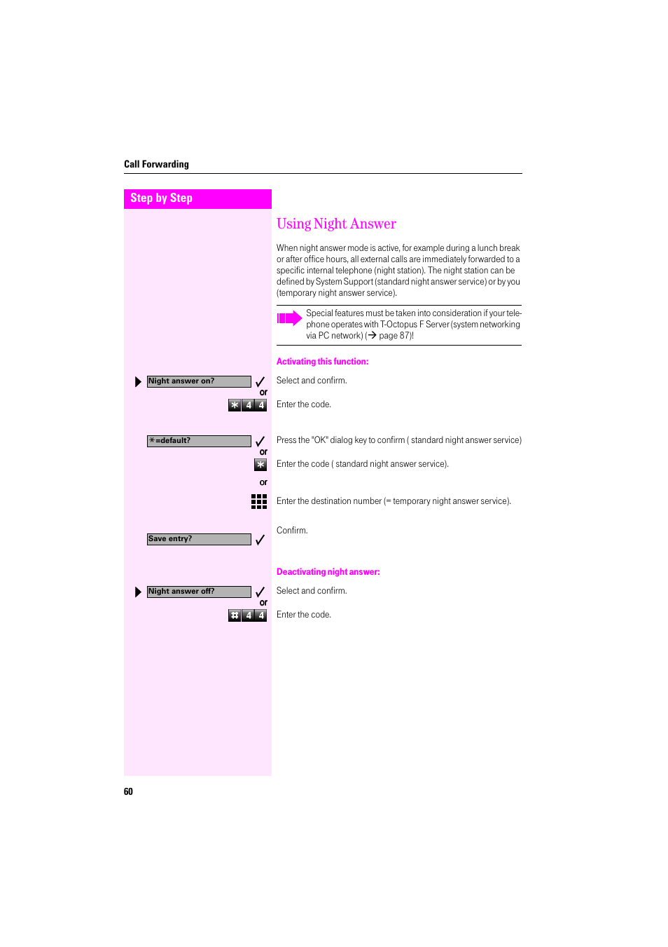 Using night answer, Activating this function, Deactivating night answer | Deutsche Telekom Octophon F400 User Manual | Page 60 / 106