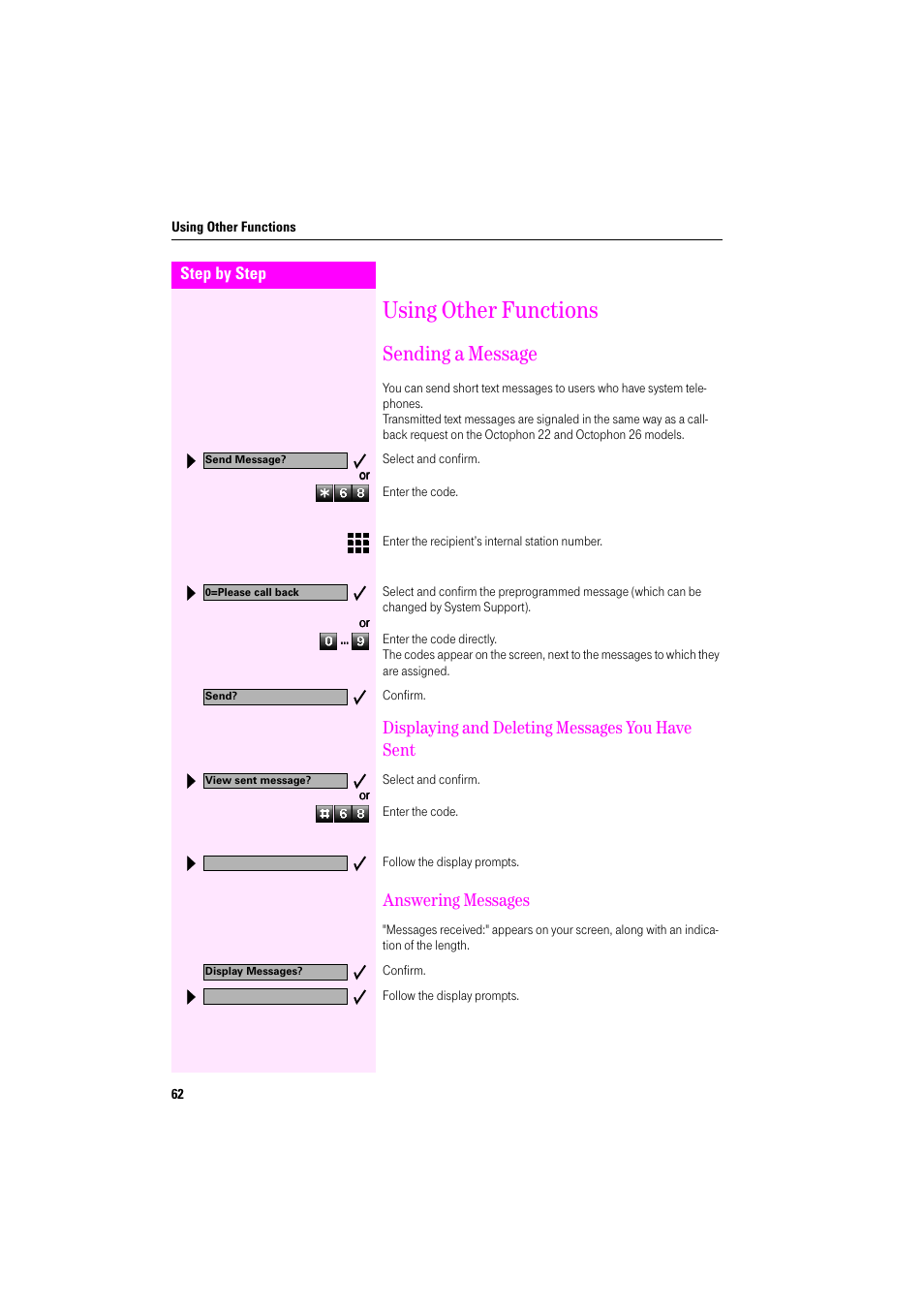 Using other functions, Sending a message, Displaying and deleting messages you have sent | Answering messages | Deutsche Telekom Octophon F400 User Manual | Page 62 / 106