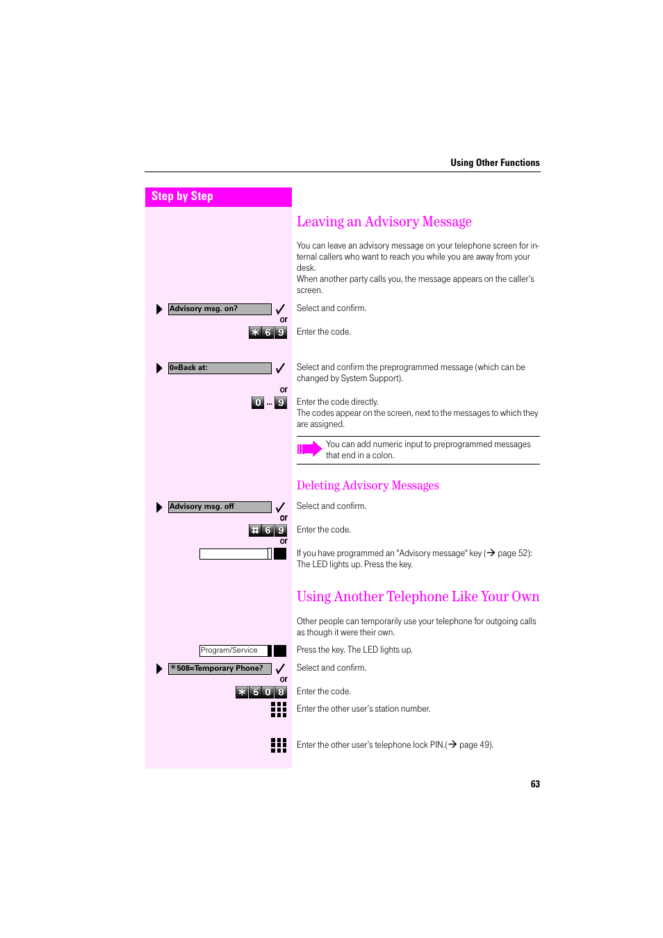 Leaving an advisory message, Deleting advisory messages, Using another telephone like your own | Deutsche Telekom Octophon F400 User Manual | Page 63 / 106
