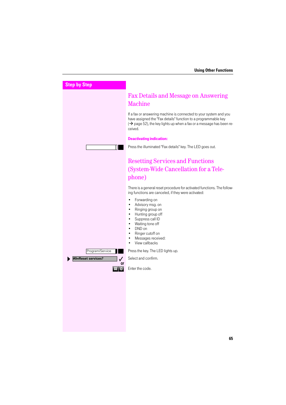 Fax details and message on answering machine, Deactivating indication | Deutsche Telekom Octophon F400 User Manual | Page 65 / 106