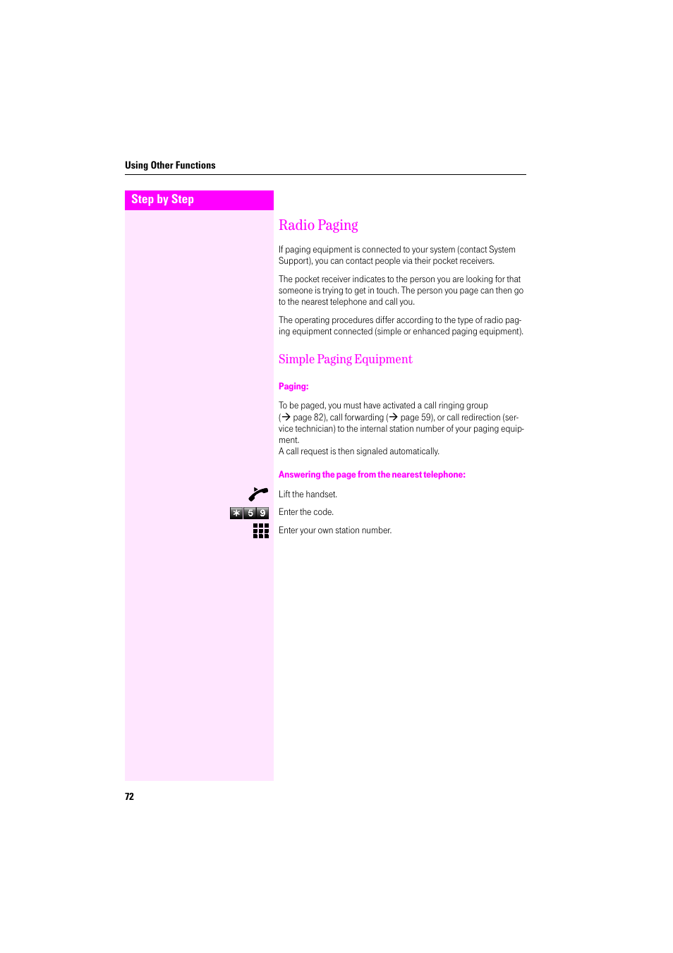 Radio paging, Simple paging equipment, Paging | Team and executive/secretary functions | Deutsche Telekom Octophon F400 User Manual | Page 72 / 106