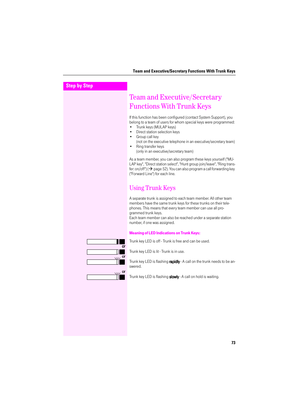 Using trunk keys, Meaning of led indications on trunk keys | Deutsche Telekom Octophon F400 User Manual | Page 73 / 106