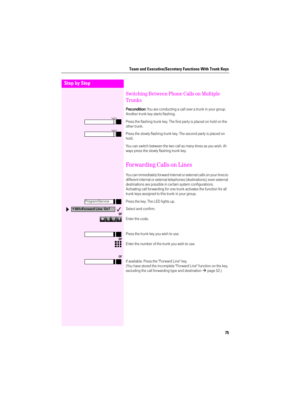 Switching between phone calls on multiple trunks, Forwarding calls on lines | Deutsche Telekom Octophon F400 User Manual | Page 75 / 106