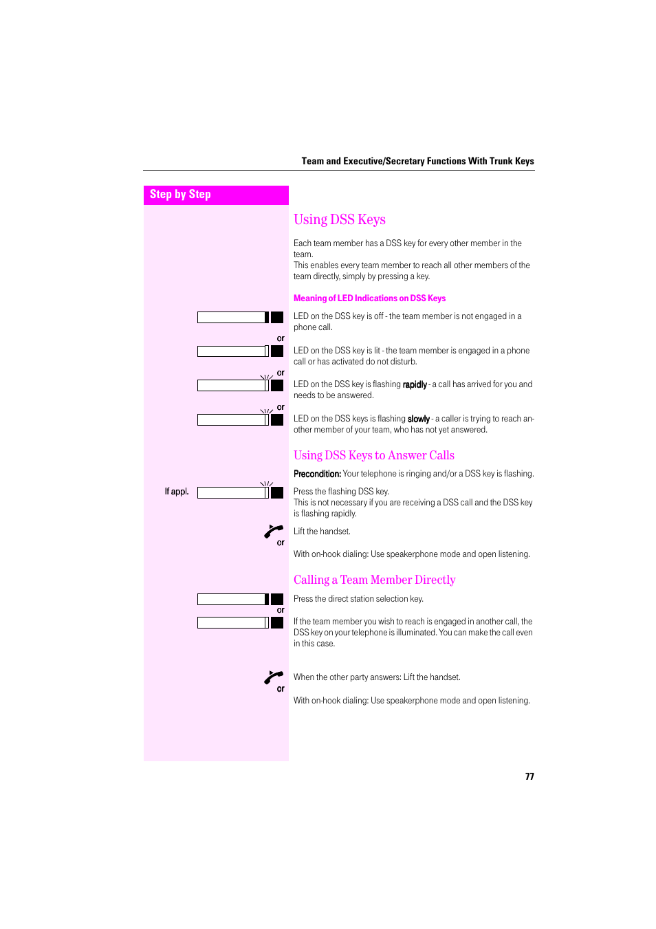 Using dss keys, Meaning of led indications on dss keys, Using dss keys to answer calls | Calling a team member directly | Deutsche Telekom Octophon F400 User Manual | Page 77 / 106