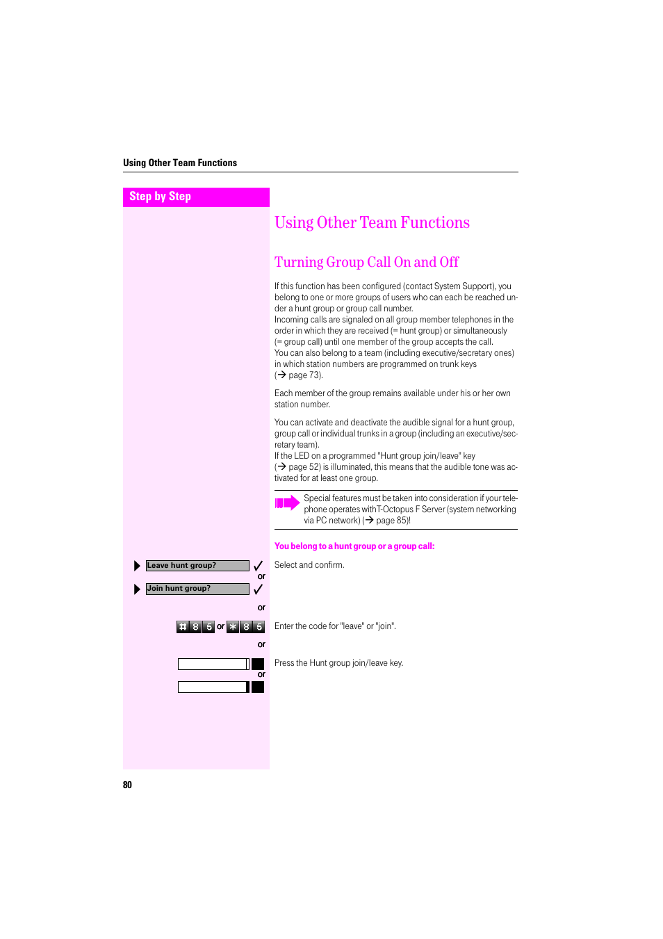 Using other team functions, Turning group call on and off, You belong to a hunt group or a group call | Deutsche Telekom Octophon F400 User Manual | Page 80 / 106