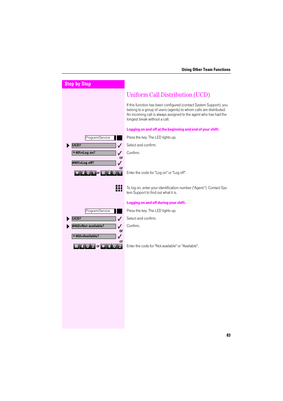 Uniform call distribution (ucd), Logging on and off during your shift | Deutsche Telekom Octophon F400 User Manual | Page 83 / 106