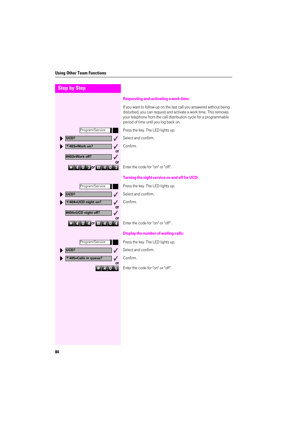 Requesting and activating a work time, Turning the night service on and off for ucd, Display the number of waiting calls | System networking via lan (pc network) | Deutsche Telekom Octophon F400 User Manual | Page 84 / 106