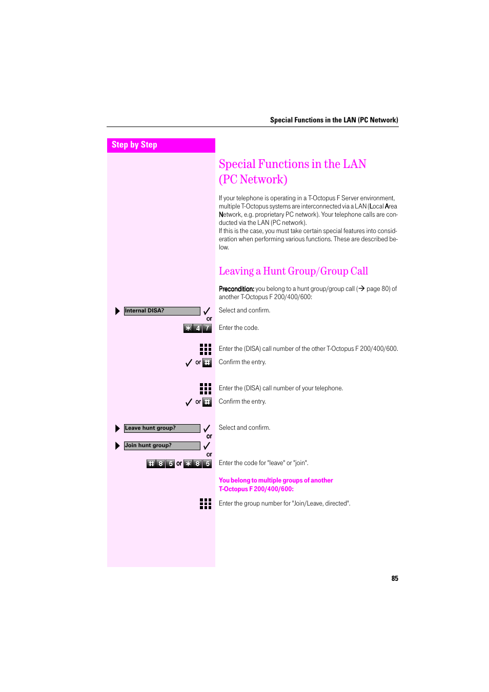 Special functions in the lan (pc network), Leaving a hunt group/group call | Deutsche Telekom Octophon F400 User Manual | Page 85 / 106