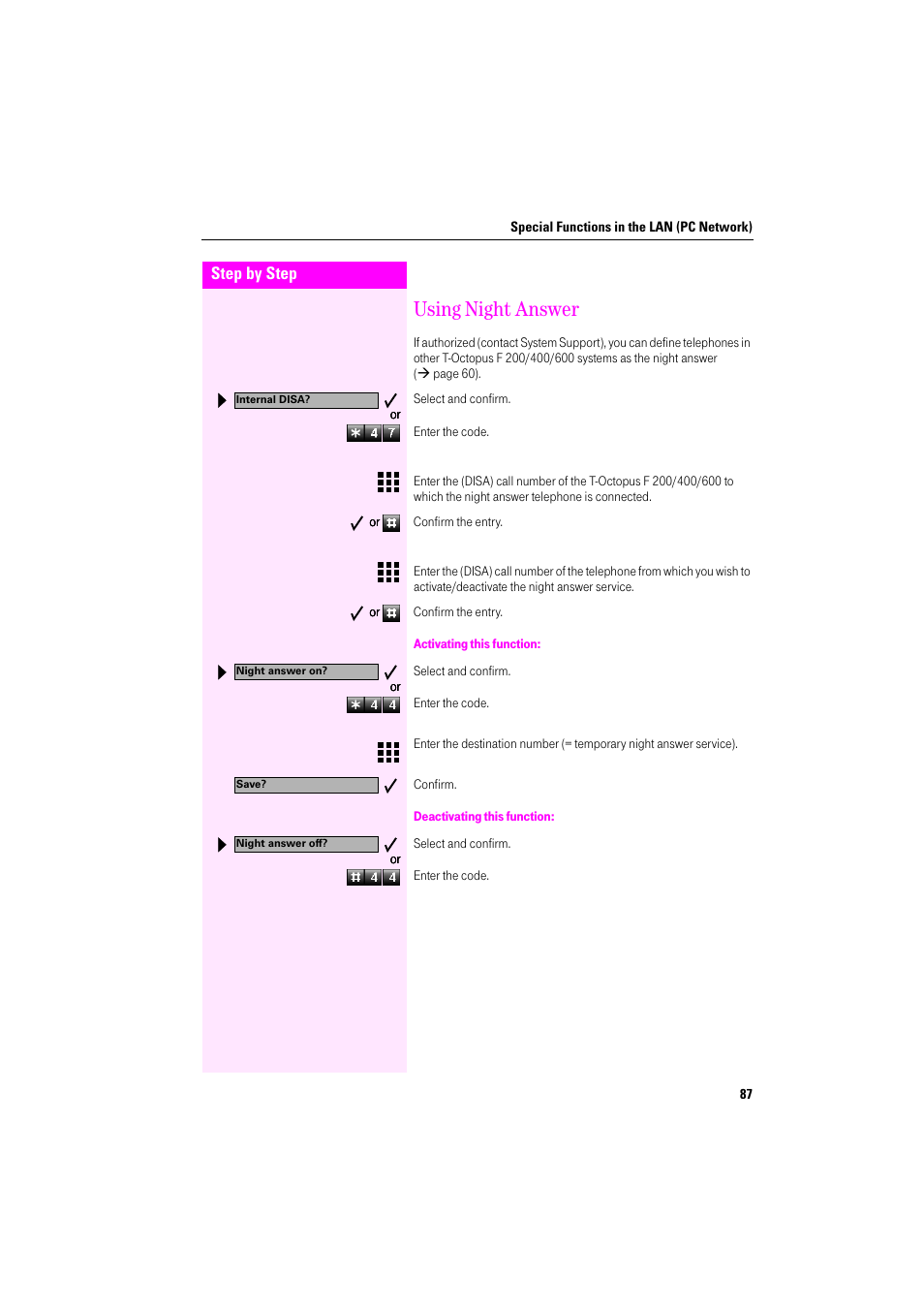 Using night answer, Activating this function, Deactivating this function | Deutsche Telekom Octophon F400 User Manual | Page 87 / 106