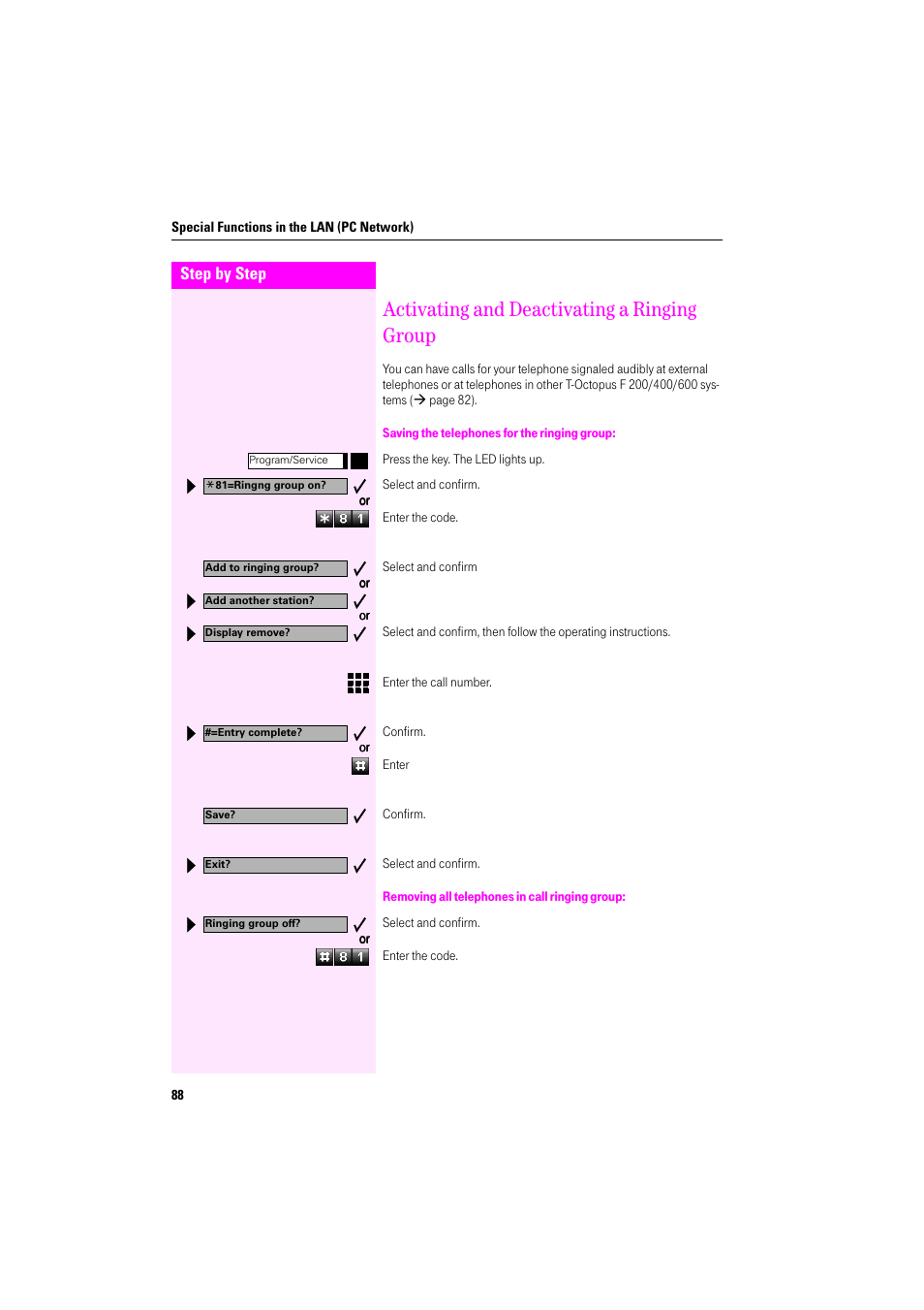 Activating and deactivating a ringing group, Saving the telephones for the ringing group, Removing all telephones in call ringing group | Deutsche Telekom Octophon F400 User Manual | Page 88 / 106