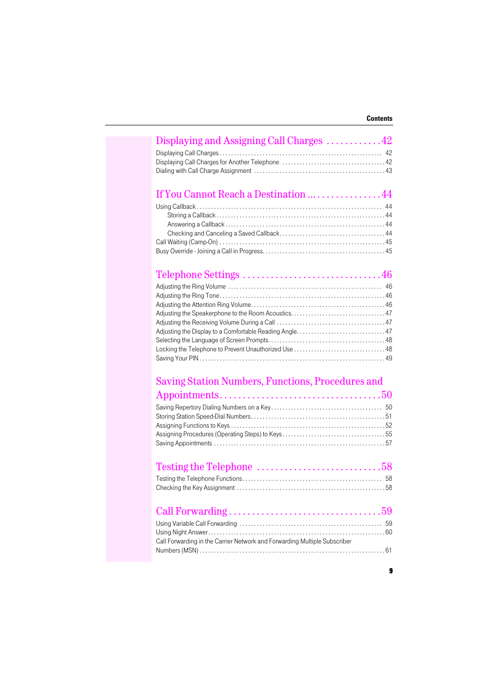 Displaying and assigning call charges, If you cannot reach a destination, Telephone settings | Testing the telephone, Call forwarding | Deutsche Telekom Octophon F400 User Manual | Page 9 / 106