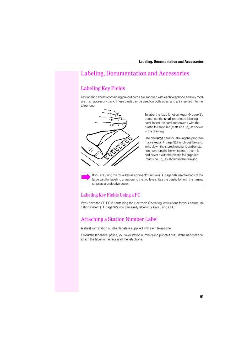 Labeling, documentation and accessories, Labeling key fields, Labeling key fields using a pc | Attaching a station number label | Deutsche Telekom Octophon F400 User Manual | Page 91 / 106