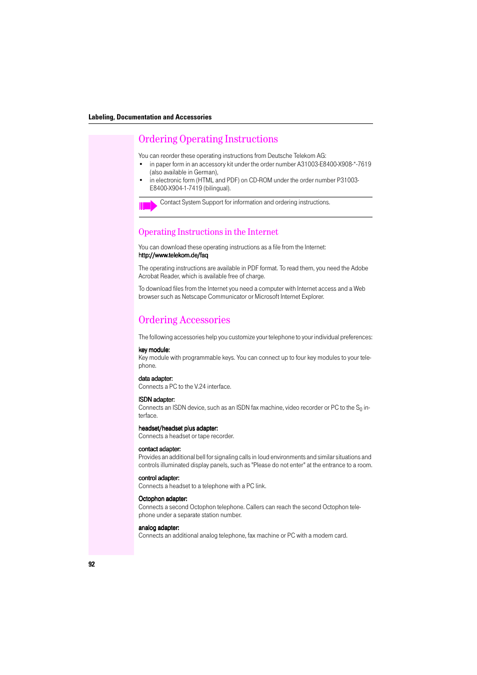 Ordering operating instructions, Operating instructions in the internet, Ordering accessories | Deutsche Telekom Octophon F400 User Manual | Page 92 / 106