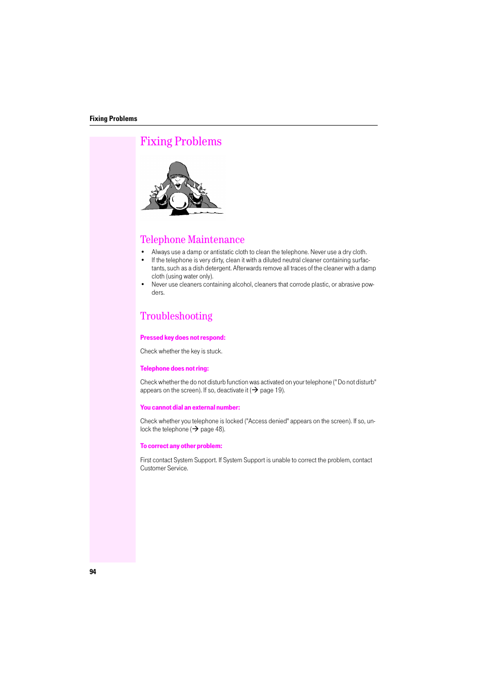 Fixing problems, Telephone maintenance, Troubleshooting | Pressed key does not respond, Telephone does not ring, You cannot dial an external number, To correct any other problem, Telephone maintenance troubleshooting | Deutsche Telekom Octophon F400 User Manual | Page 94 / 106