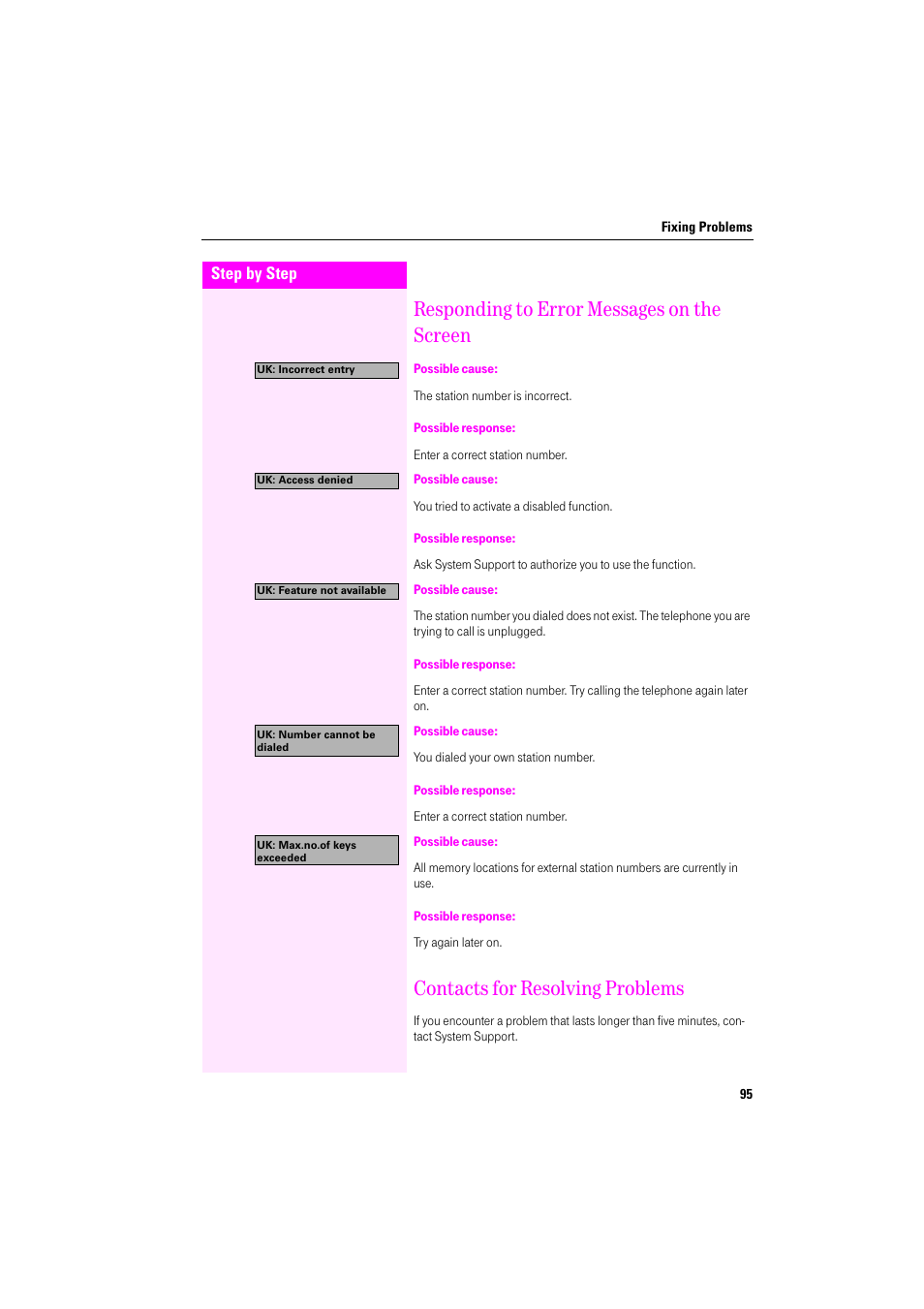 Responding to error messages on the screen, Possible cause, Possible response | Contacts for resolving problems | Deutsche Telekom Octophon F400 User Manual | Page 95 / 106