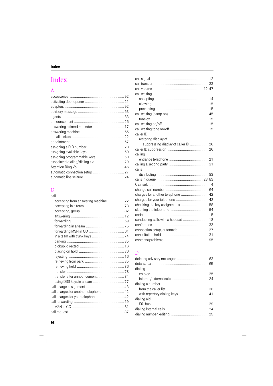 Index | Deutsche Telekom Octophon F400 User Manual | Page 96 / 106