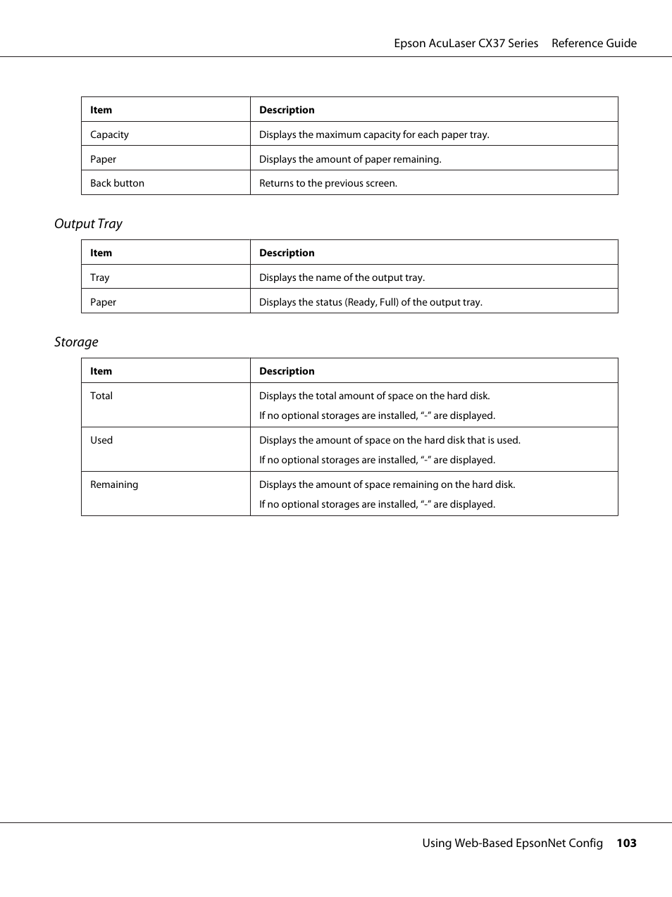 Output tray, Storage | Epson AcuLaser CX37DNF User Manual | Page 103 / 197