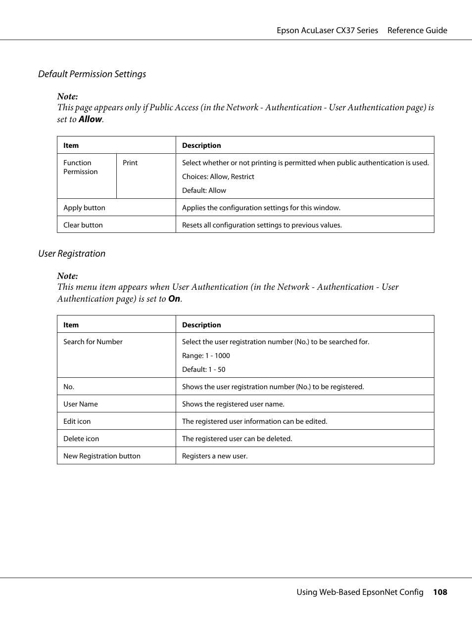 Default permission settings, User registration | Epson AcuLaser CX37DNF User Manual | Page 108 / 197