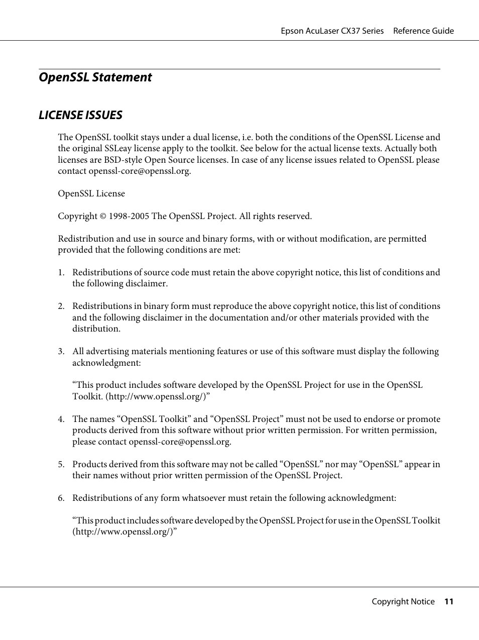 Openssl statement, License issues | Epson AcuLaser CX37DNF User Manual | Page 11 / 197