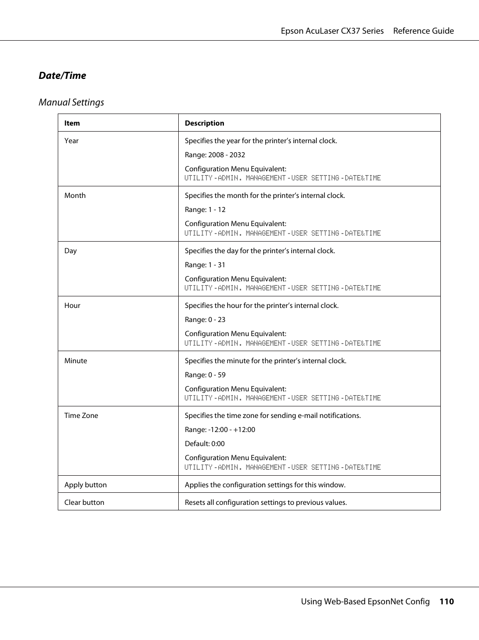 Date/time manual settings | Epson AcuLaser CX37DNF User Manual | Page 110 / 197