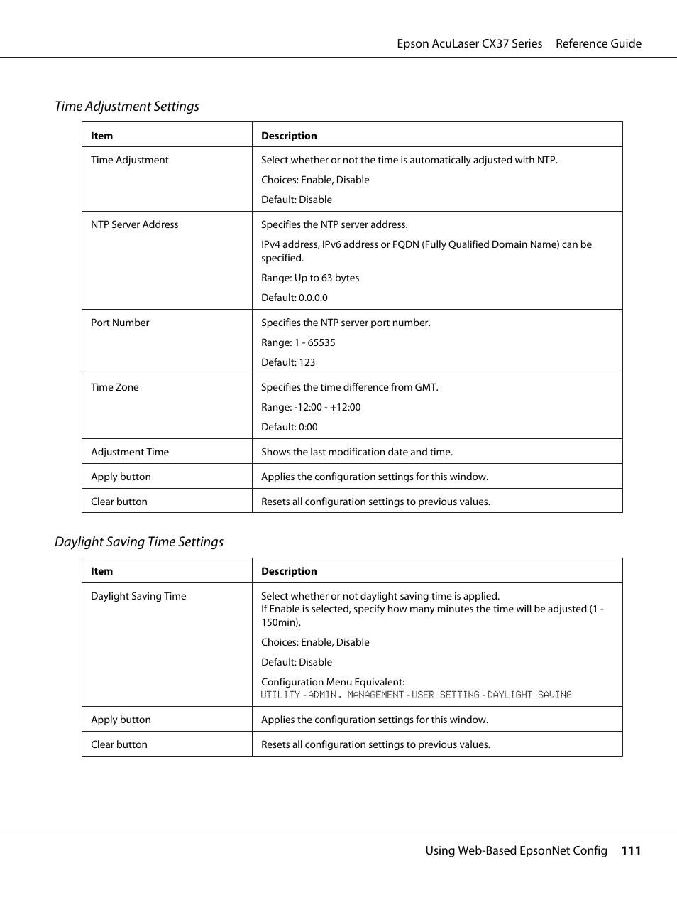 Time adjustment settings, Daylight saving time settings | Epson AcuLaser CX37DNF User Manual | Page 111 / 197