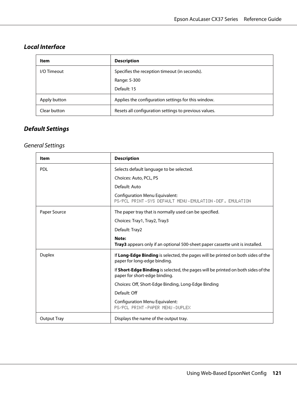 Local interface, Default settings general settings | Epson AcuLaser CX37DNF User Manual | Page 121 / 197