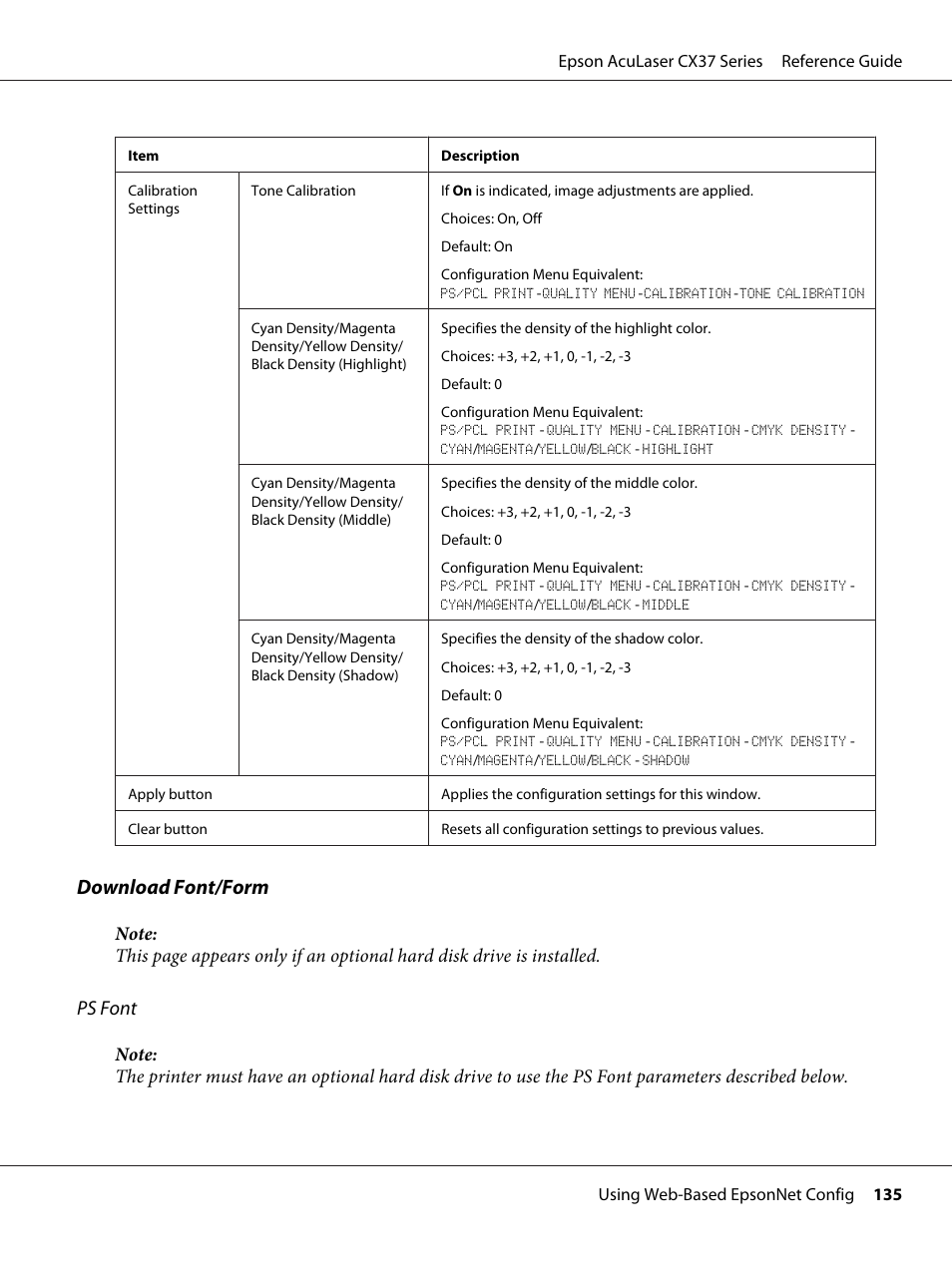 Download font/form, Ps font | Epson AcuLaser CX37DNF User Manual | Page 135 / 197