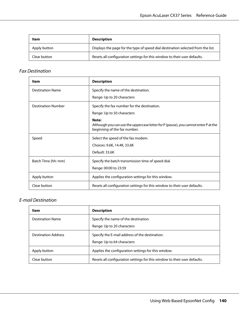 Fax destination, E-mail destination | Epson AcuLaser CX37DNF User Manual | Page 140 / 197