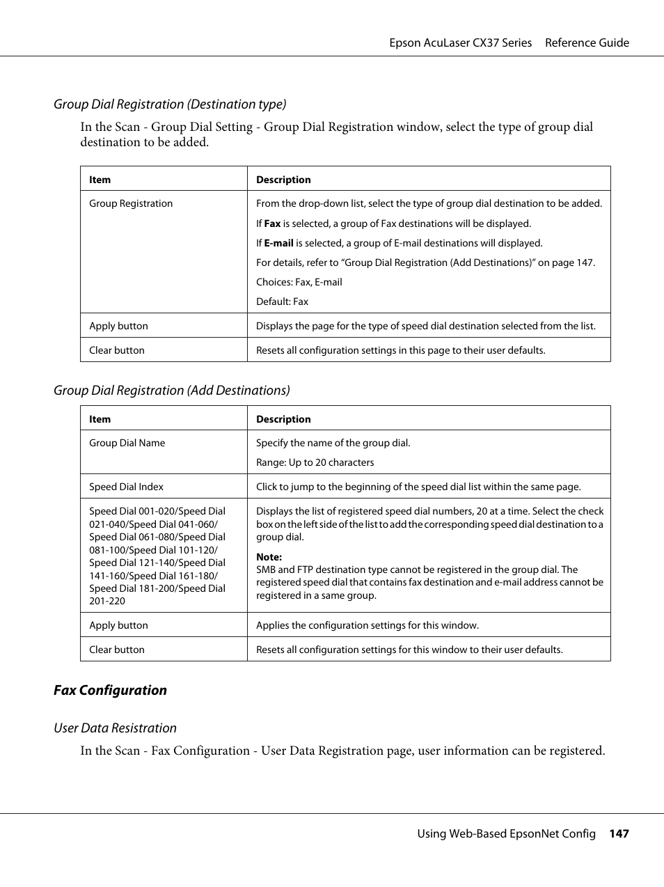 Group dial registration (destination type), Group dial registration (add destinations), Fax configuration user data resistration | Epson AcuLaser CX37DNF User Manual | Page 147 / 197