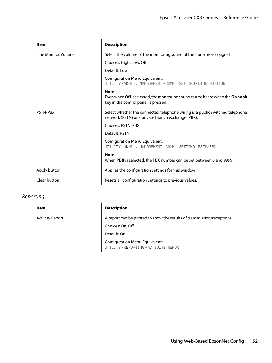 Reporting | Epson AcuLaser CX37DNF User Manual | Page 152 / 197