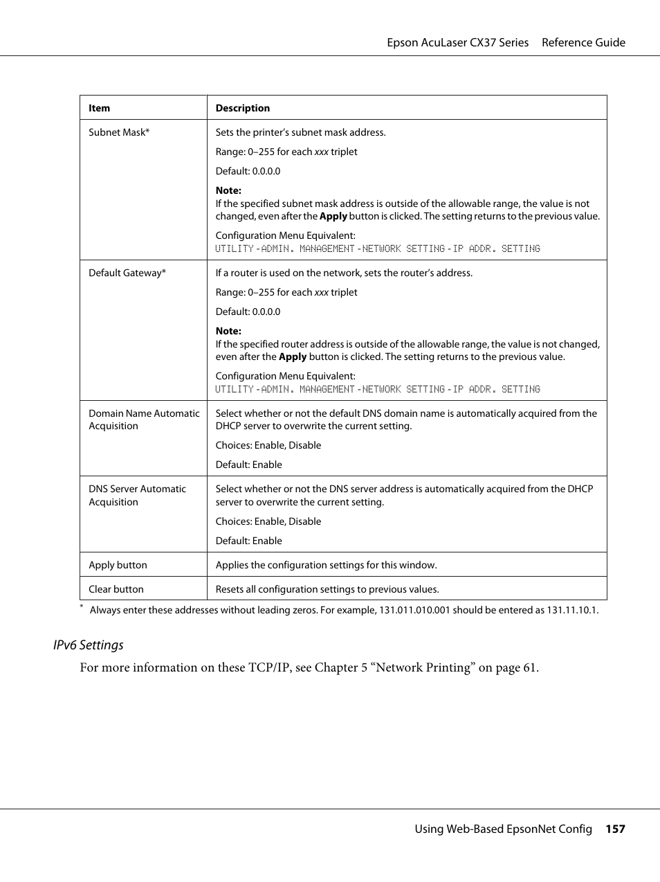 Ipv6 settings | Epson AcuLaser CX37DNF User Manual | Page 157 / 197