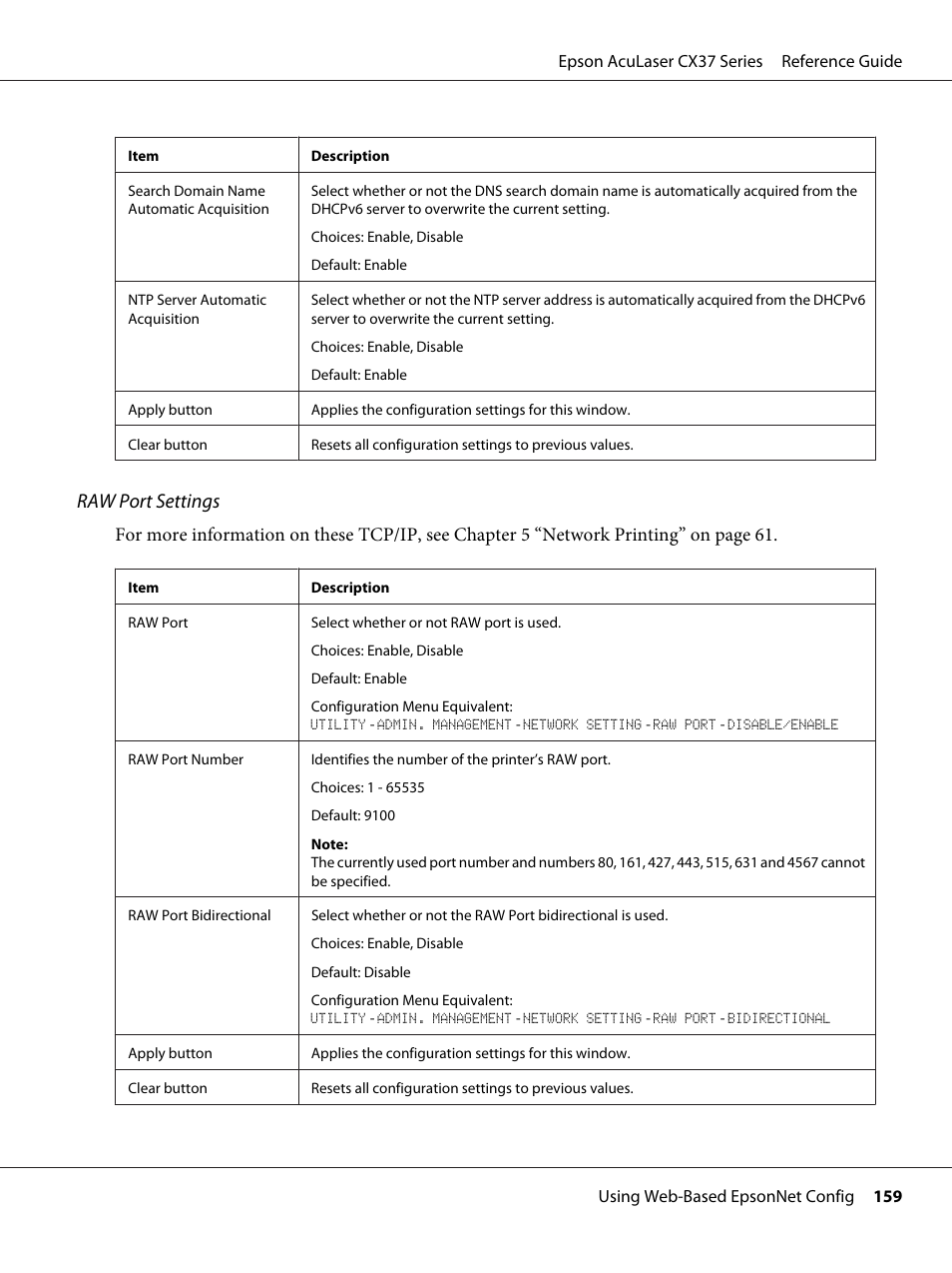 Raw port settings | Epson AcuLaser CX37DNF User Manual | Page 159 / 197