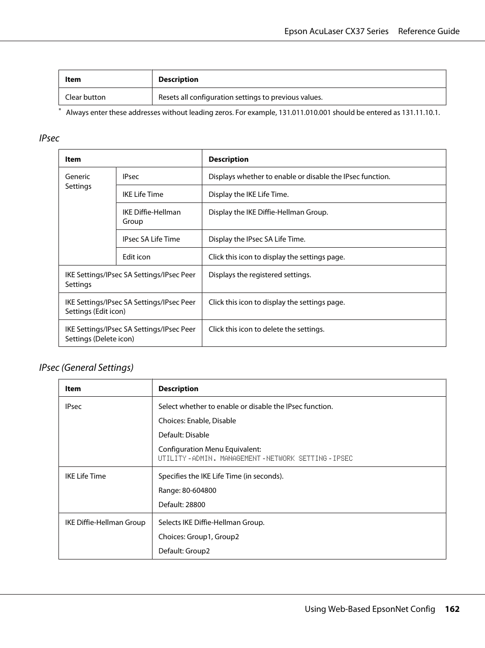 Ipsec, Ipsec (general settings) | Epson AcuLaser CX37DNF User Manual | Page 162 / 197