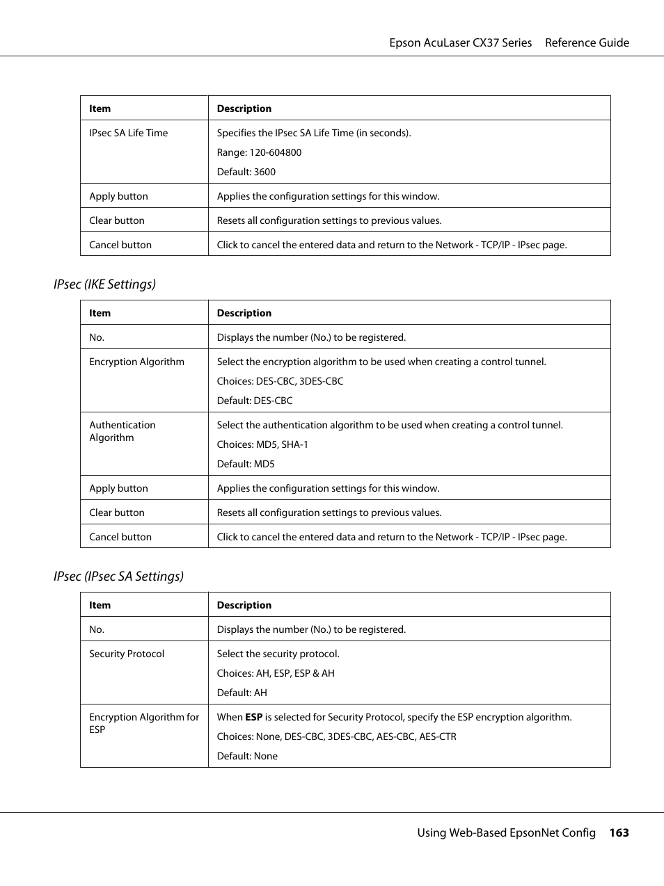 Ipsec (ike settings), Ipsec (ipsec sa settings) | Epson AcuLaser CX37DNF User Manual | Page 163 / 197