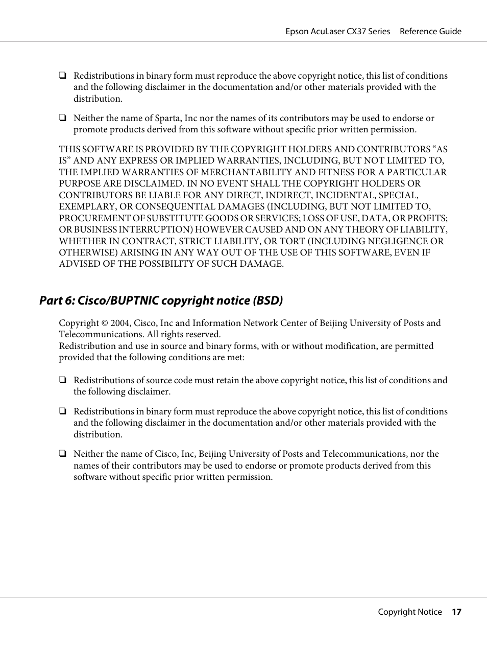 Part 6: cisco/buptnic copyright notice (bsd) | Epson AcuLaser CX37DNF User Manual | Page 17 / 197