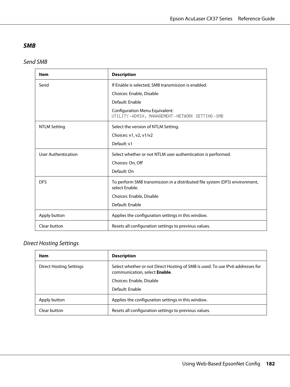 Smb send smb, Direct hosting settings | Epson AcuLaser CX37DNF User Manual | Page 182 / 197