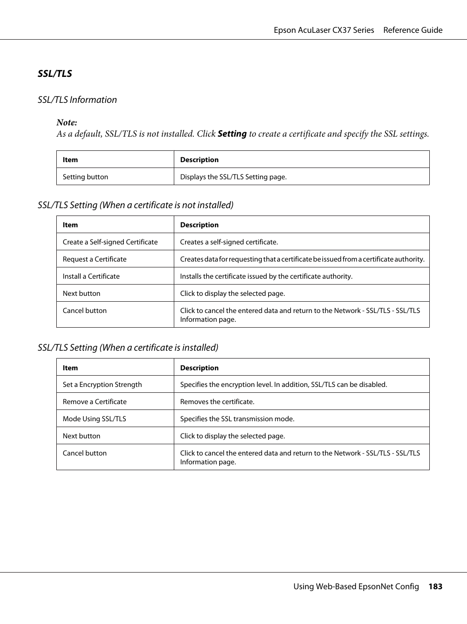 Ssl/tls ssl/tls information, Ssl/tls setting (when a certificate is installed) | Epson AcuLaser CX37DNF User Manual | Page 183 / 197