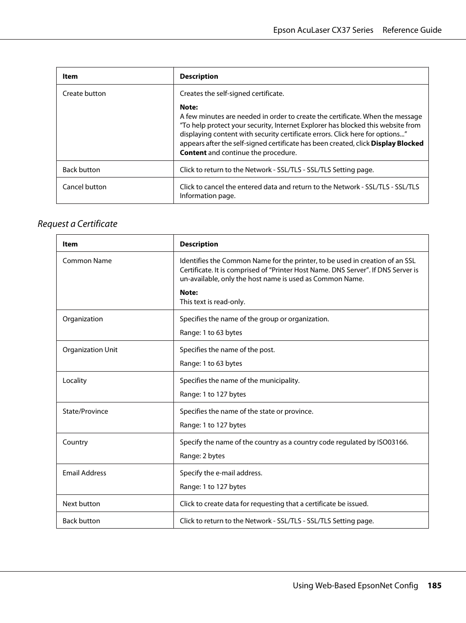 Request a certificate | Epson AcuLaser CX37DNF User Manual | Page 185 / 197