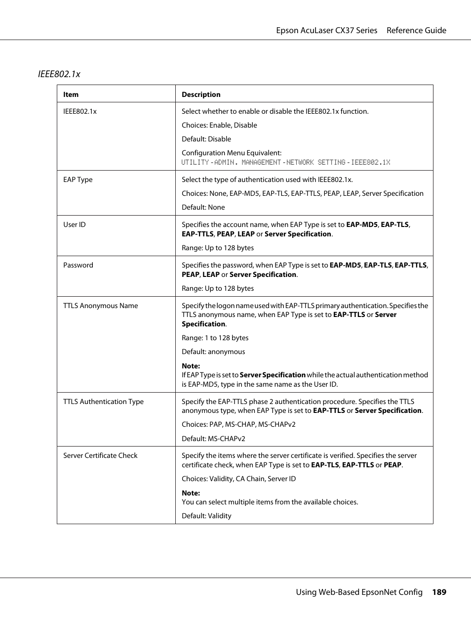 Ieee802.1x | Epson AcuLaser CX37DNF User Manual | Page 189 / 197