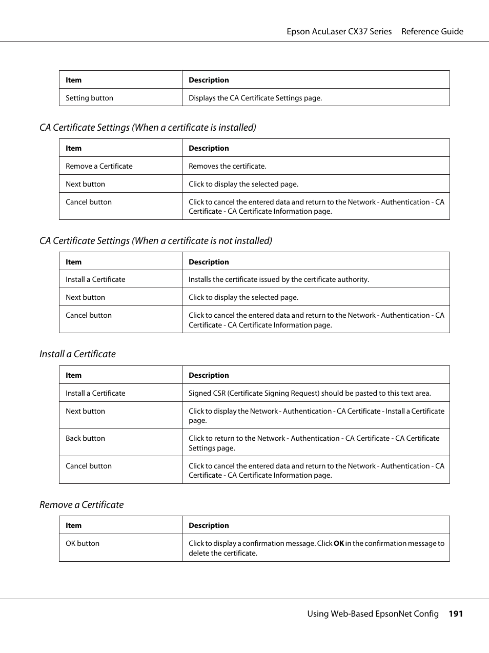 Install a certificate, Remove a certificate | Epson AcuLaser CX37DNF User Manual | Page 191 / 197