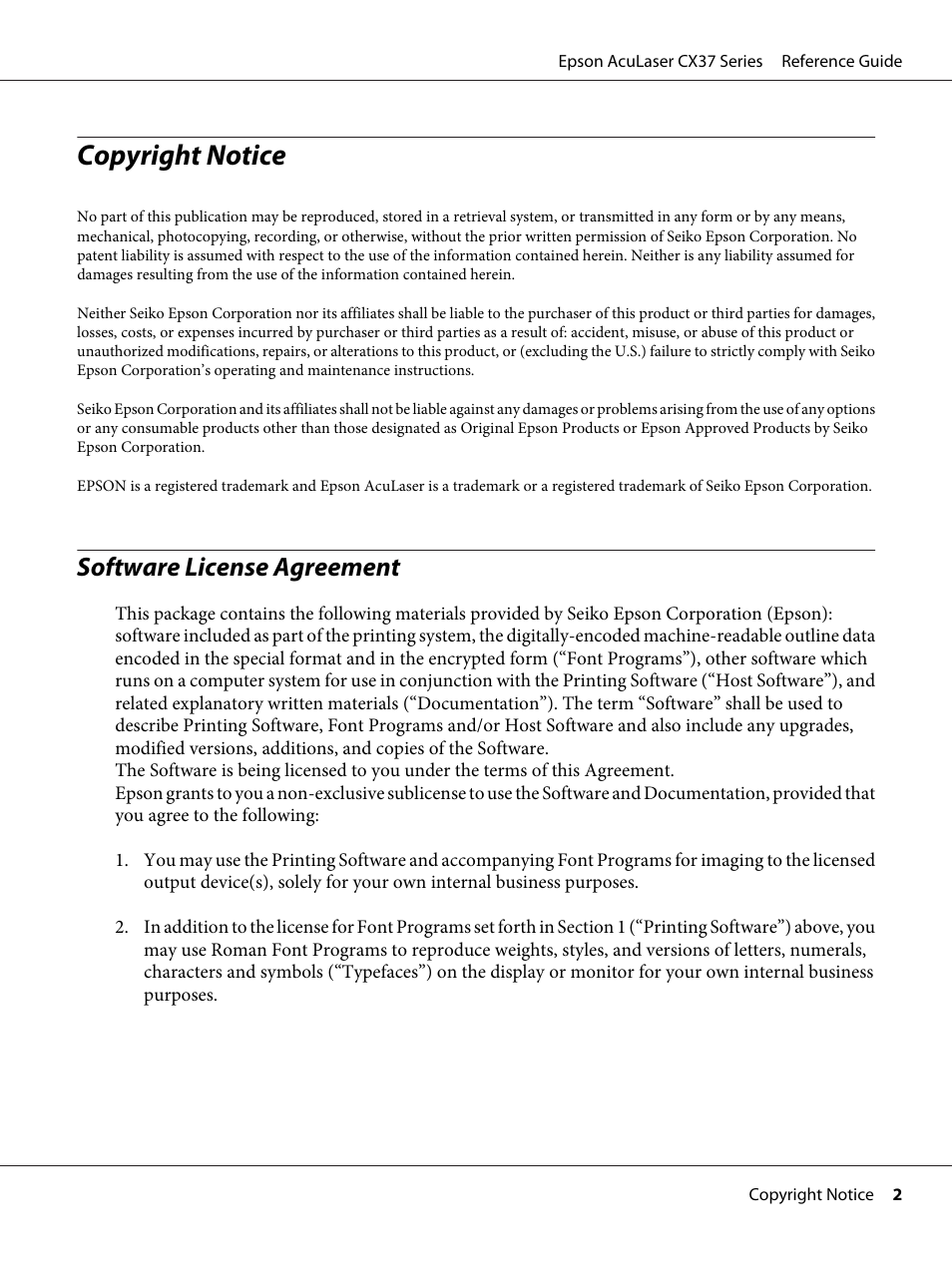 Copyright notice, Software license agreement | Epson AcuLaser CX37DNF User Manual | Page 2 / 197