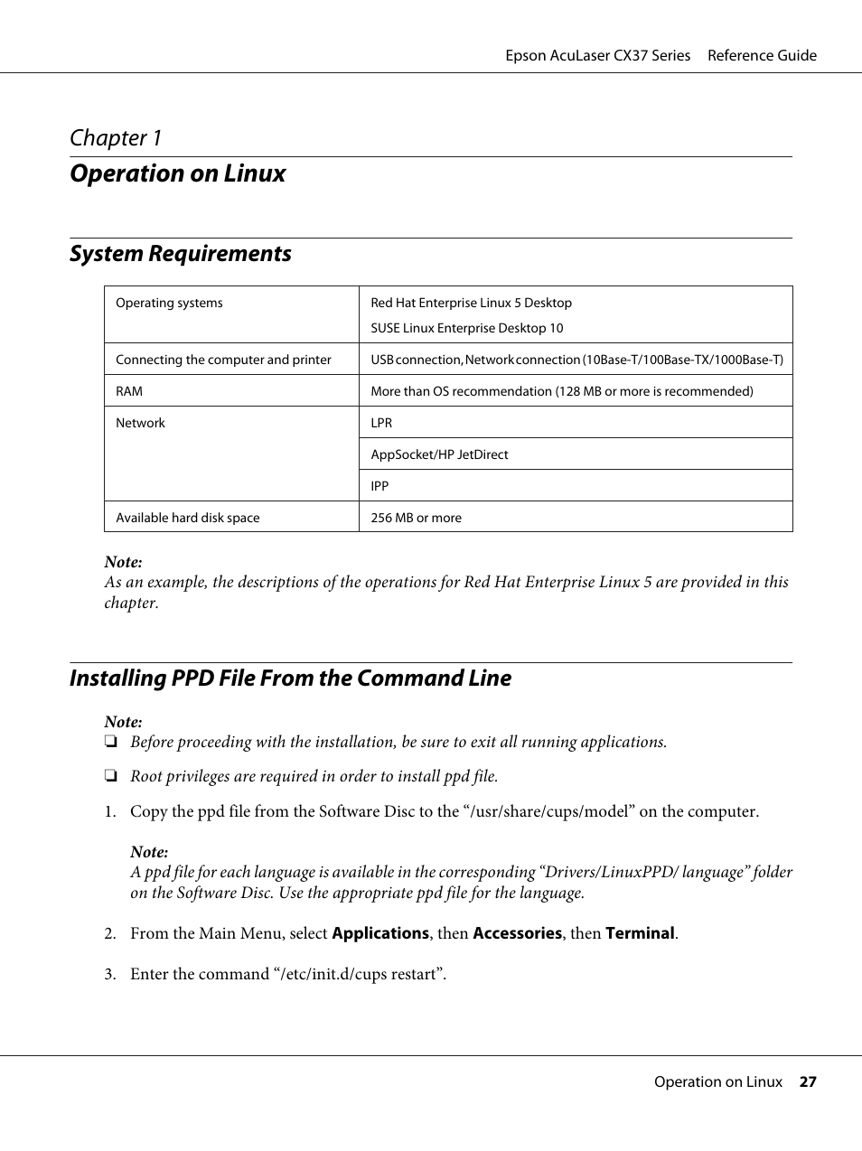 Operation on linux, System requirements, Installing ppd file from the command line | Chapter 1 operation on linux, Chapter 1 | Epson AcuLaser CX37DNF User Manual | Page 27 / 197