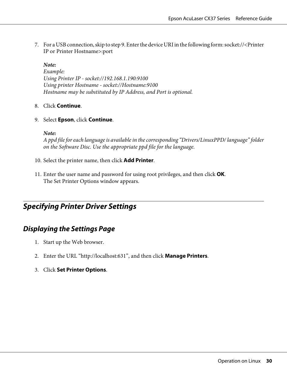 Specifying printer driver settings, Displaying the settings page | Epson AcuLaser CX37DNF User Manual | Page 30 / 197