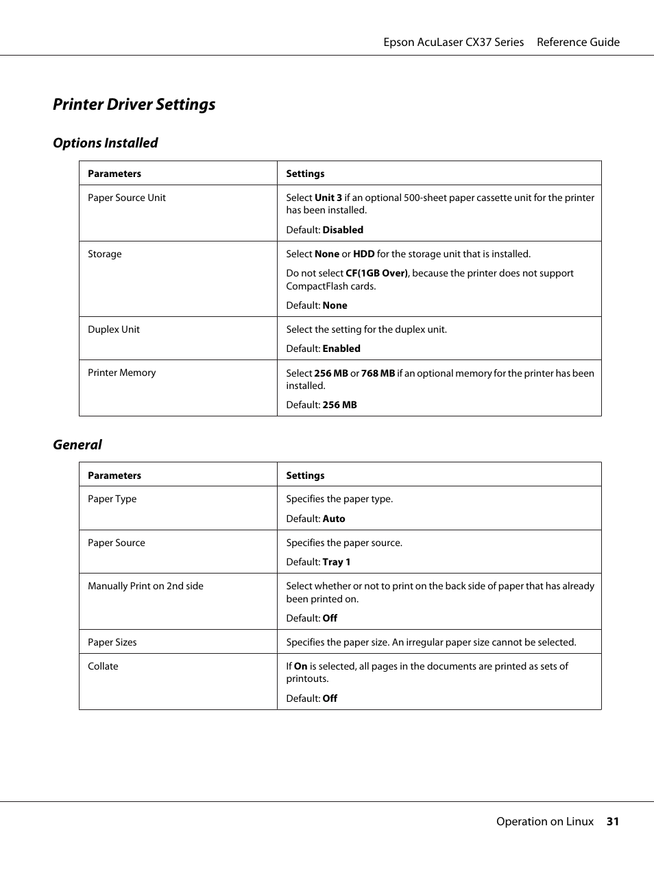 Printer driver settings, Options installed, General | Epson AcuLaser CX37DNF User Manual | Page 31 / 197