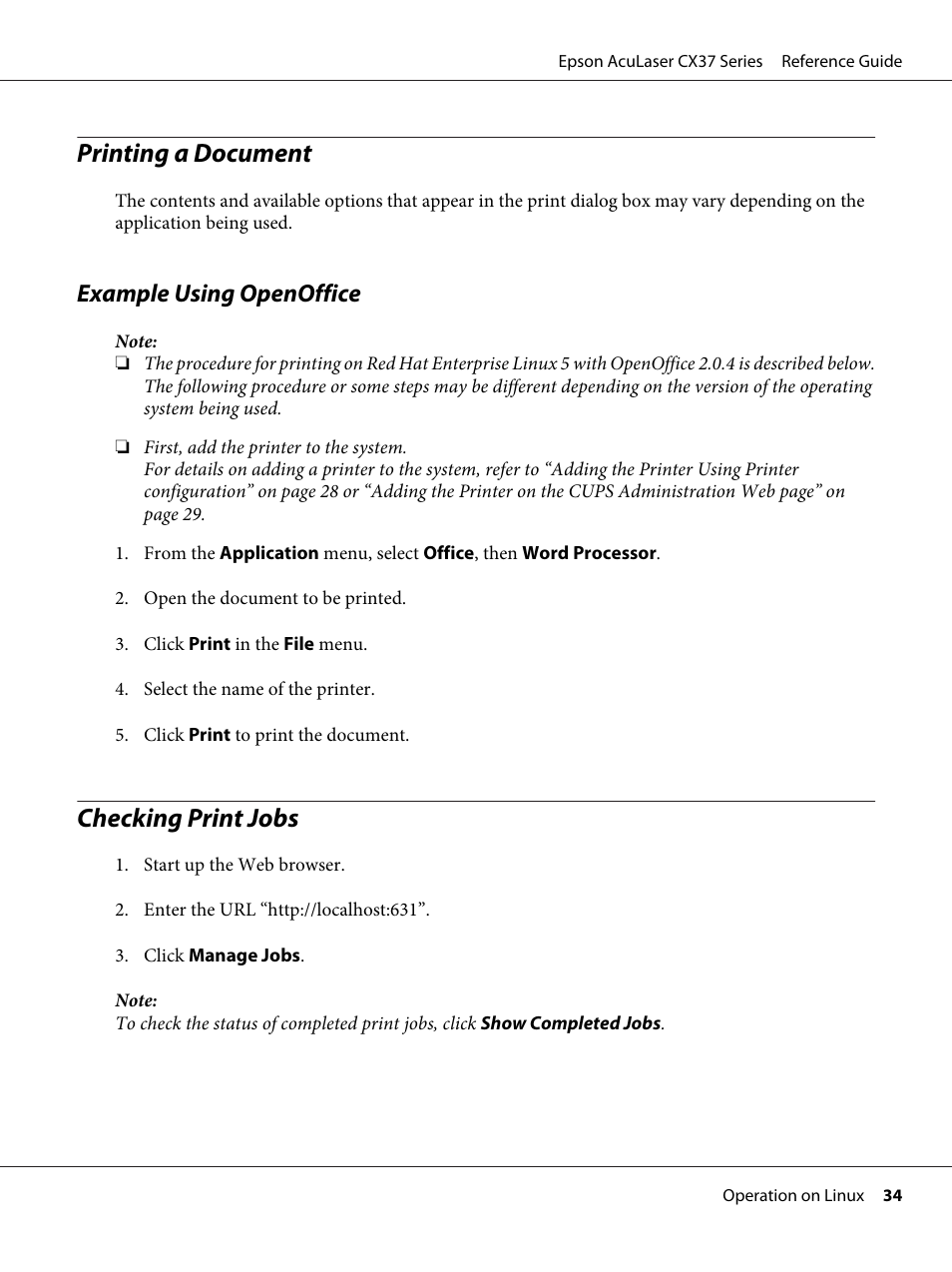 Printing a document, Example using openoffice, Checking print jobs | Epson AcuLaser CX37DNF User Manual | Page 34 / 197