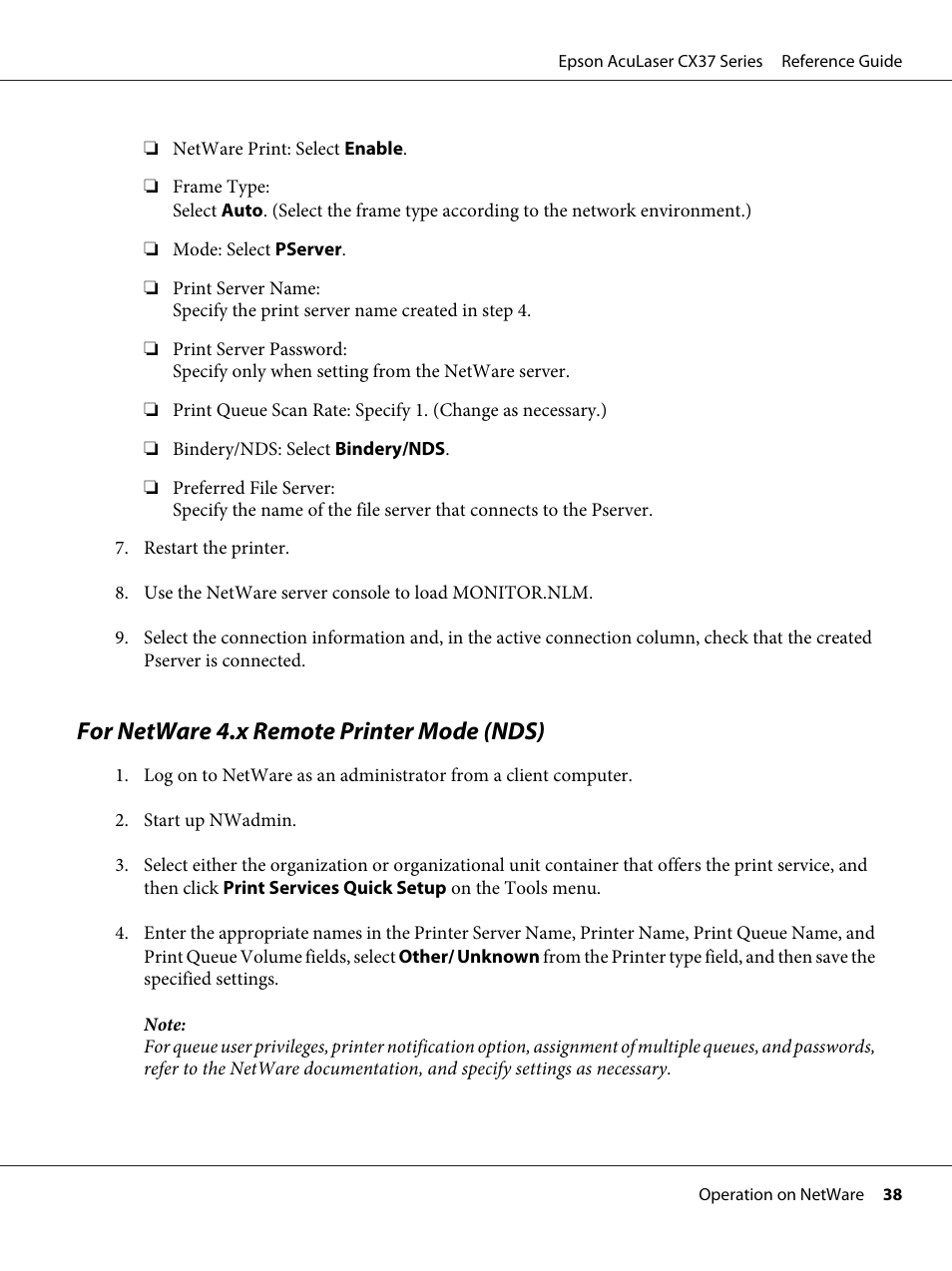 For netware 4.x remote printer mode (nds) | Epson AcuLaser CX37DNF User Manual | Page 38 / 197